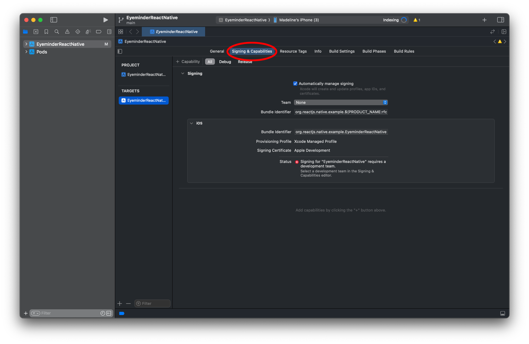 Signing and Capabilities Tab